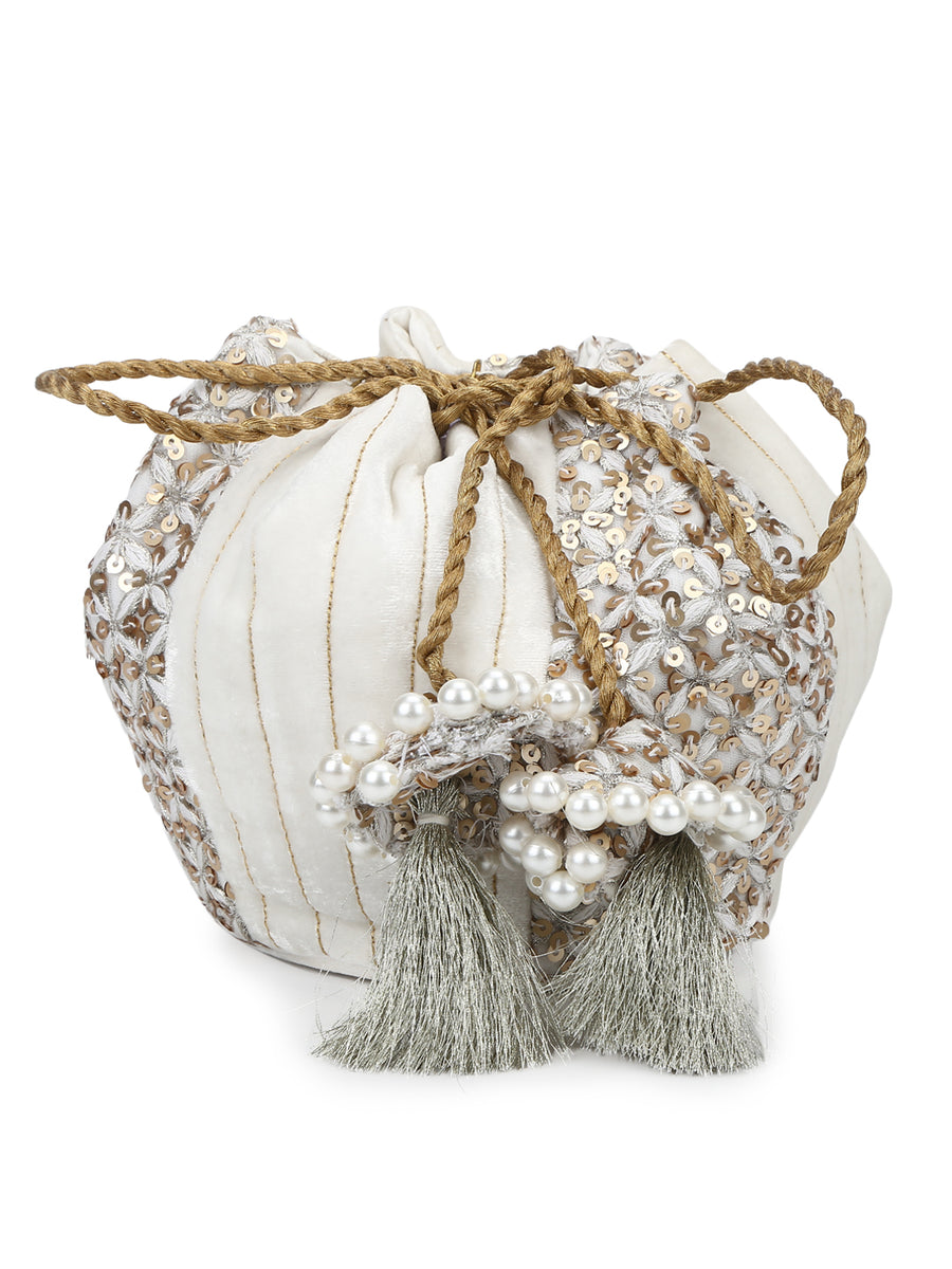 Enwhite Sequinned Draw String Round Bottom Potli Bag