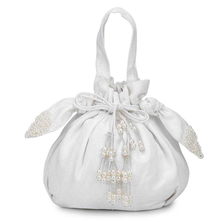 EnWhite Festive White Pearl Wrist Potli Bag