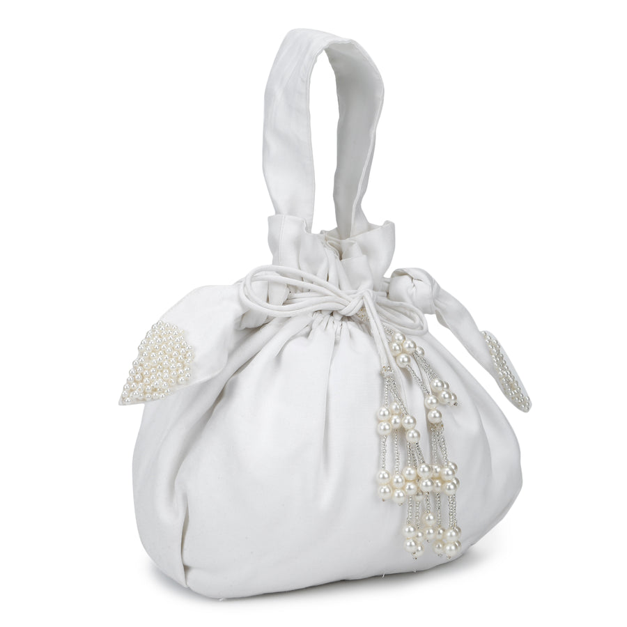 EnWhite Festive White Pearl Wrist Potli Bag